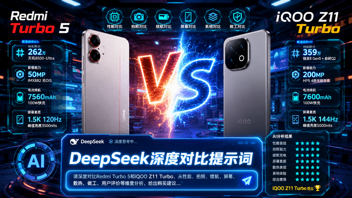 Redmi Turbo 5和iQOO Z11 Turbo哪个好?附DeepSeek深度对比提示词